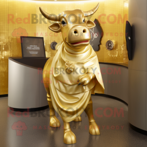 Gold Zebu mascot costume character dressed with a Wrap Dress and Coin purses