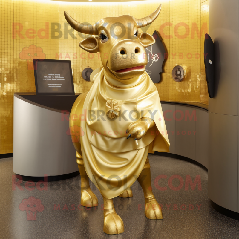 Gold Zebu mascot costume character dressed with a Wrap Dress and Coin purses Gold Zebu mascot costume character dressed with a Wrap Dress and Coin purses