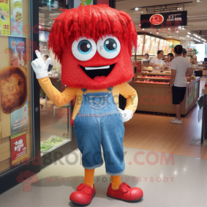 Red Ramen mascot costume character dressed with a Denim Shorts and Earrings