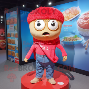 Red Ramen mascot costume character dressed with a Denim Shorts and Earrings