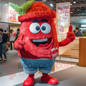 Red Ramen mascot costume character dressed with a Denim Shorts and Earrings