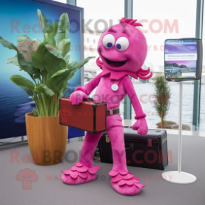 Magenta Mermaid mascot costume character dressed with a Trousers and Briefcases