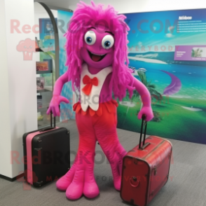 Magenta Mermaid mascot costume character dressed with a Trousers and Briefcases