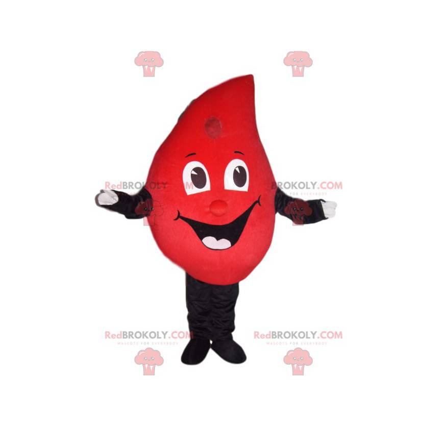 Mascotte de goutte rouge avec un grand sourire - Redbrokoly.com