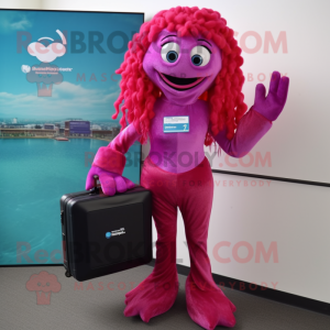 Magenta Mermaid mascot costume character dressed with a Trousers and Briefcases