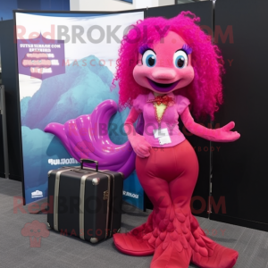 Magenta Mermaid mascot costume character dressed with a Trousers and Briefcases