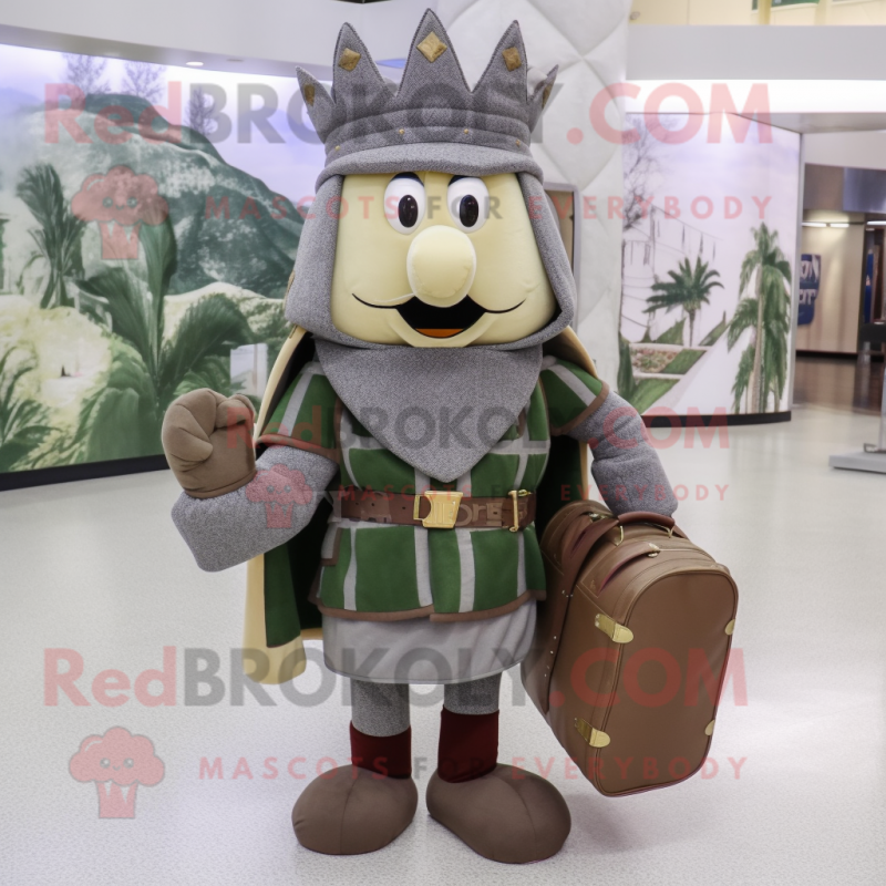 Olive Medieval Knight mascot costume character dressed with a Flannel Shirt and Briefcases Olive Medieval Knight mascot costume character dressed with a Flannel Shirt and Briefcases