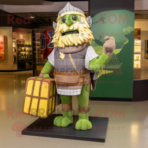 Olive Medieval Knight mascot costume character dressed with a Flannel Shirt and Briefcases