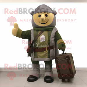 Olive Medieval Knight mascot costume character dressed with a Flannel Shirt and Briefcases