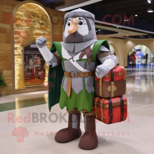 Olive Medieval Knight mascot costume character dressed with a Flannel Shirt and Briefcases