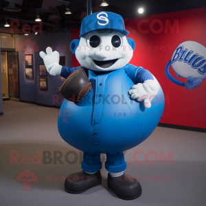 Blue Baseball Ball mascot costume character dressed with a Leather Jacket and Handbags