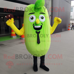 Lime Green French Fries mascot costume character dressed with a Suit Jacket and Foot pads