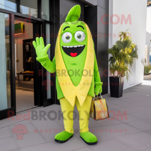 Lime Green French Fries mascot costume character dressed with a Suit Jacket and Foot pads