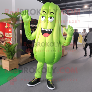 Lime Green French Fries mascot costume character dressed with a Suit Jacket and Foot pads