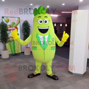 Lime Green French Fries mascot costume character dressed with a Suit Jacket and Foot pads
