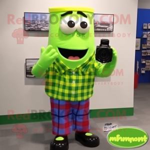 Lime Green Camera mascot costume character dressed with a Flannel Shirt and Ties