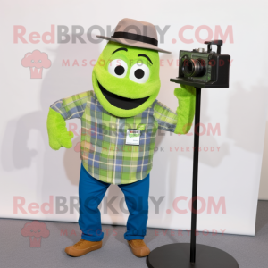 Lime Green Camera mascot costume character dressed with a Flannel Shirt and Ties