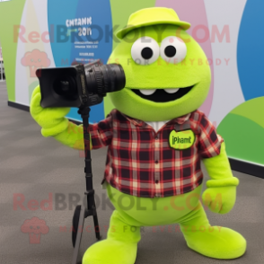 Lime Green Camera mascot costume character dressed with a Flannel Shirt and Ties