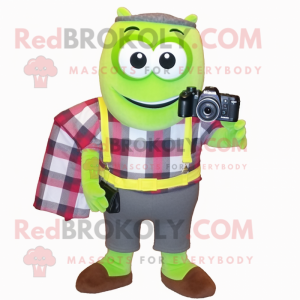 Lime Green Camera mascot costume character dressed with a Flannel Shirt and Ties