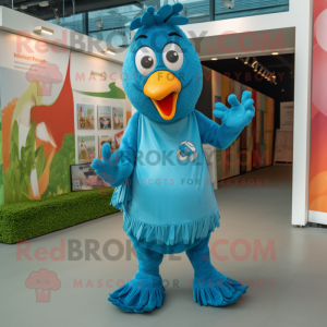 Cyan Turkey mascot costume character dressed with a Dungarees and Anklets