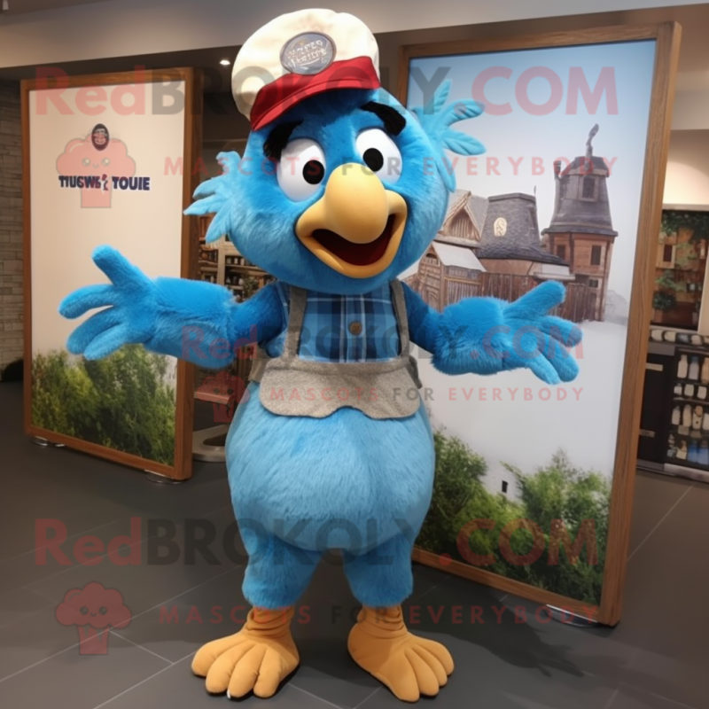 Cyan Turkey mascot costume character dressed with a Dungarees and Anklets