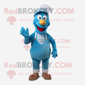 Cyan Turkey mascot costume character dressed with a Dungarees and Anklets