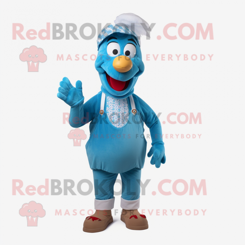 Cyan Turkey mascot costume character dressed with a Dungarees and Anklets Cyan Turkey mascot costume character dressed with a Dungarees and Anklets