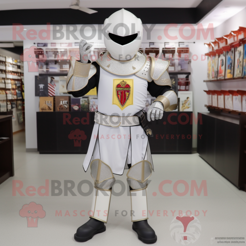 White Medieval Knight mascot costume character dressed with a Jumpsuit and Lapel pins