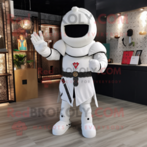 White Medieval Knight mascot costume character dressed with a Jumpsuit and Lapel pins