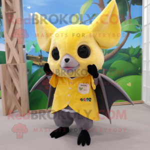 Lemon Yellow Fruit Bat mascot costume character dressed with a Cardigan and Hair clips