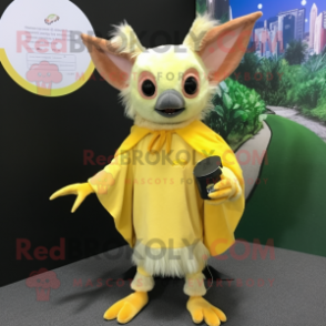 Lemon Yellow Fruit Bat mascot costume character dressed with a Cardigan and Hair clips