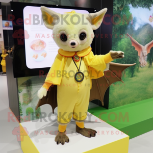 Lemon Yellow Fruit Bat mascot costume character dressed with a Cardigan and Hair clips