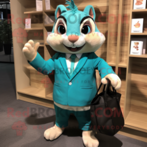 Turquoise Chipmunk mascot costume character dressed with a Suit Jacket and Tote bags
