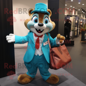Turquoise Chipmunk mascot costume character dressed with a Suit Jacket and Tote bags