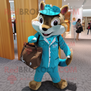 Turquoise Chipmunk mascot costume character dressed with a Suit Jacket and Tote bags