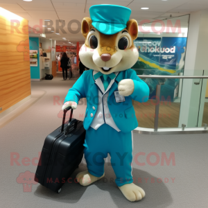 Turquoise Chipmunk mascot costume character dressed with a Suit Jacket and Tote bags