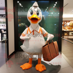 Peach Geese mascot costume character dressed with a Chinos and Tote bags