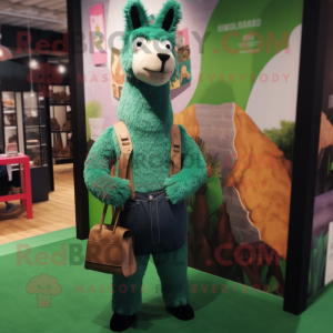 Forest Green Llama mascot costume character dressed with a Mom Jeans and Tote bags