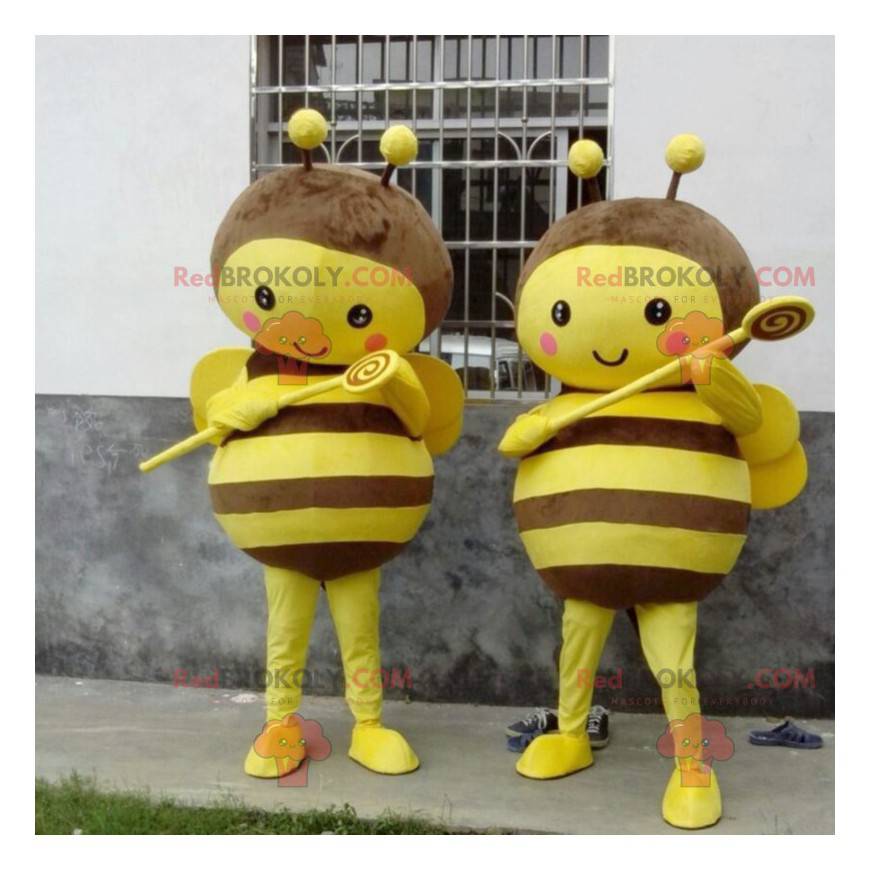 2 gelbe und braune Bienenmaskottchen - Redbrokoly.com