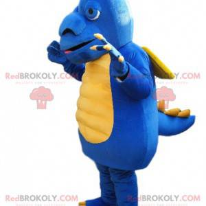 Mascote dragão azul e amarelo com focinho grande -