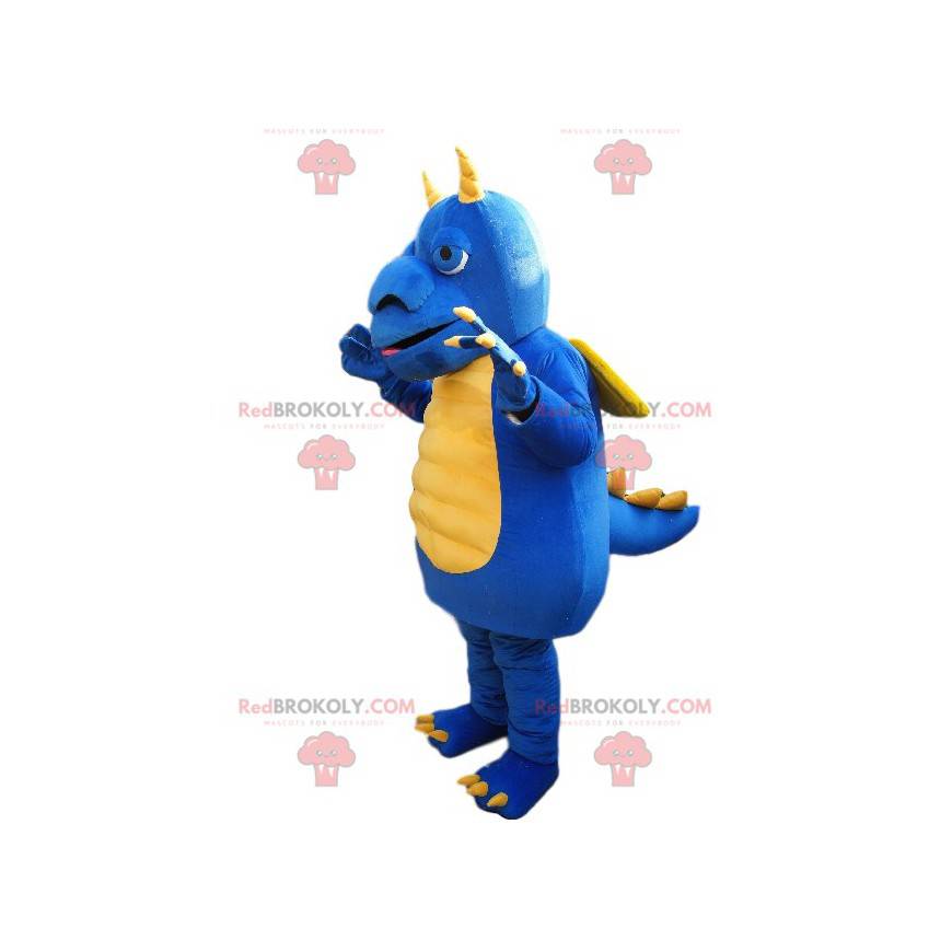 Mascotte de dragon bleu et jaune avec un gros museau - Mascotte de dragon bleu et jaune avec un gros museau -
