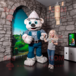 Silver Irish Castle mascot costume character dressed with a Dungarees and Watches