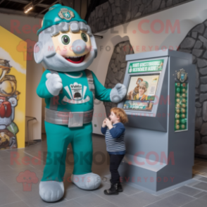 Silver Irish Castle mascot costume character dressed with a Dungarees and Watches