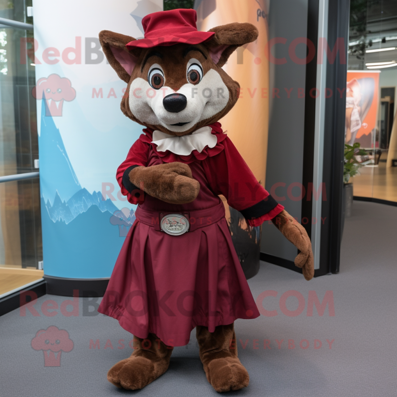 Maroon Dingo mascot costume character dressed with a Wrap Skirt and Hats