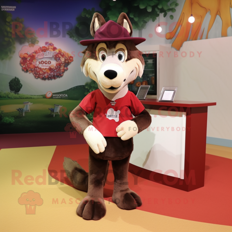 Maroon Dingo mascot costume character dressed with a Wrap Skirt and Hats Maroon Dingo mascot costume character dressed with a Wrap Skirt and Hats