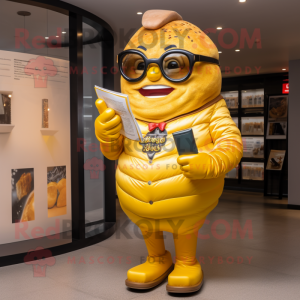 Yellow Croissant mascot costume character dressed with a Leather Jacket and Reading glasses