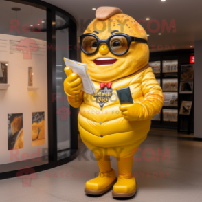 Yellow Croissant mascot costume character dressed with a Leather Jacket and Reading glasses