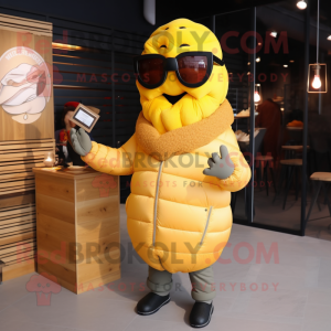 Yellow Croissant mascot costume character dressed with a Leather Jacket and Reading glasses