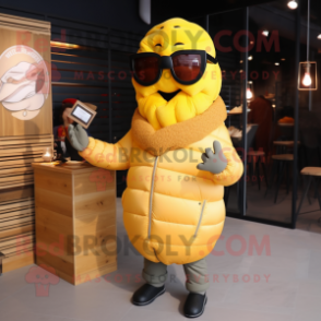 Yellow Croissant mascot costume character dressed with a Leather Jacket and Reading glasses