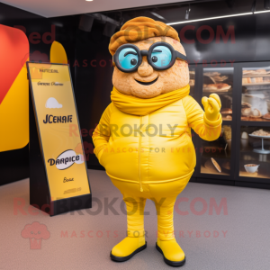 Yellow Croissant mascot costume character dressed with a Leather Jacket and Reading glasses